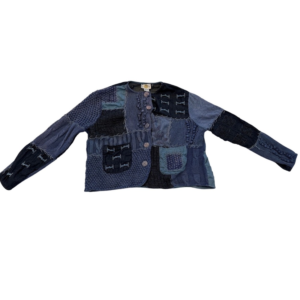 Sandy Starkman Blue Patchwork Knit Cardigan Jacket Womens Large Boho Art Wear